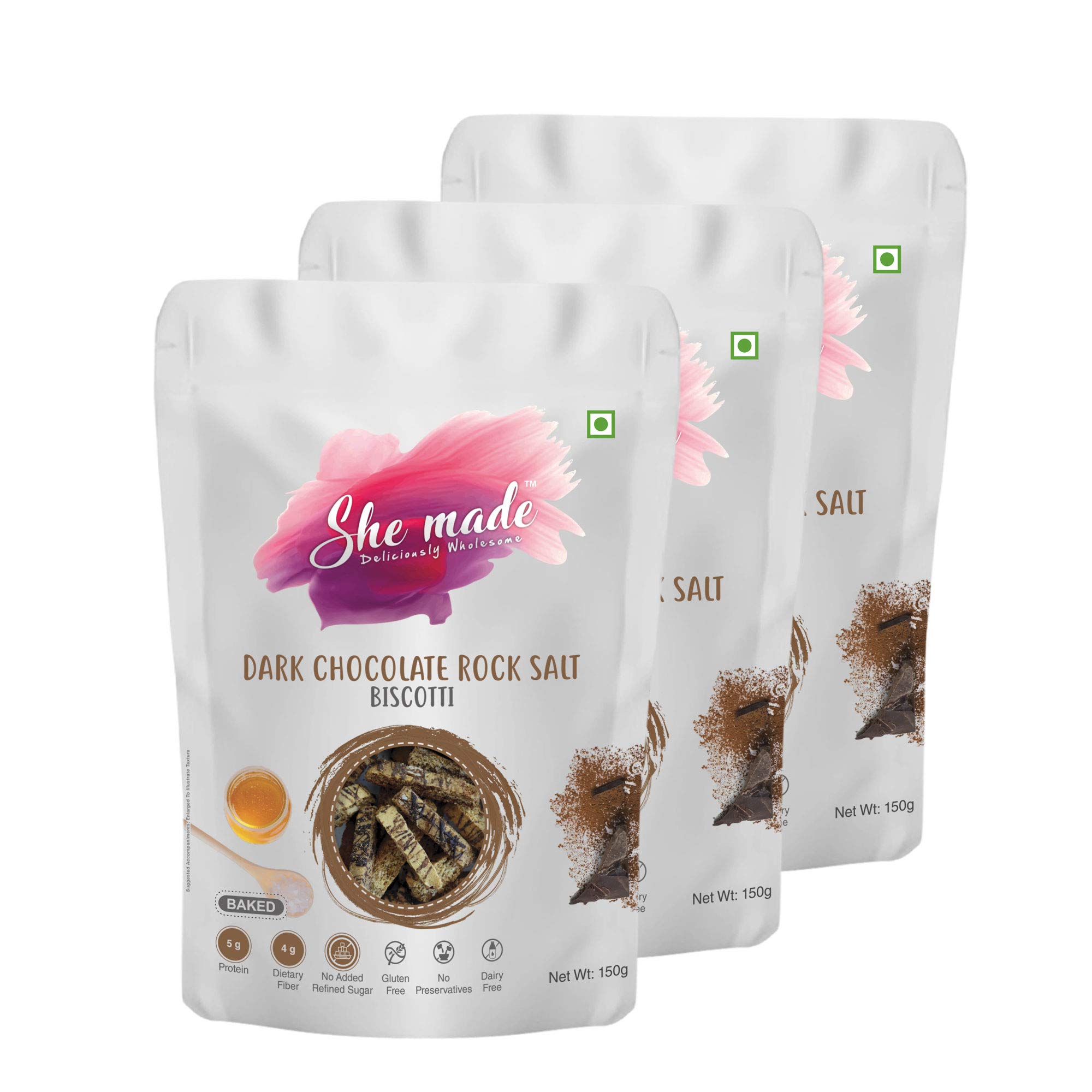 She Made Foods Biscotti Cookies - Pack of 3, Dark Chocolate and Rock Salt Flavour, Fibre Dense & Gluten-Free Biscuit, Baked, Crunchy & Tasty Gourmet Snacks, Light & Healthy Nibbles (150 grams each) (B08W2FYDHH) Amazon Price History, Amazon Price Tracker