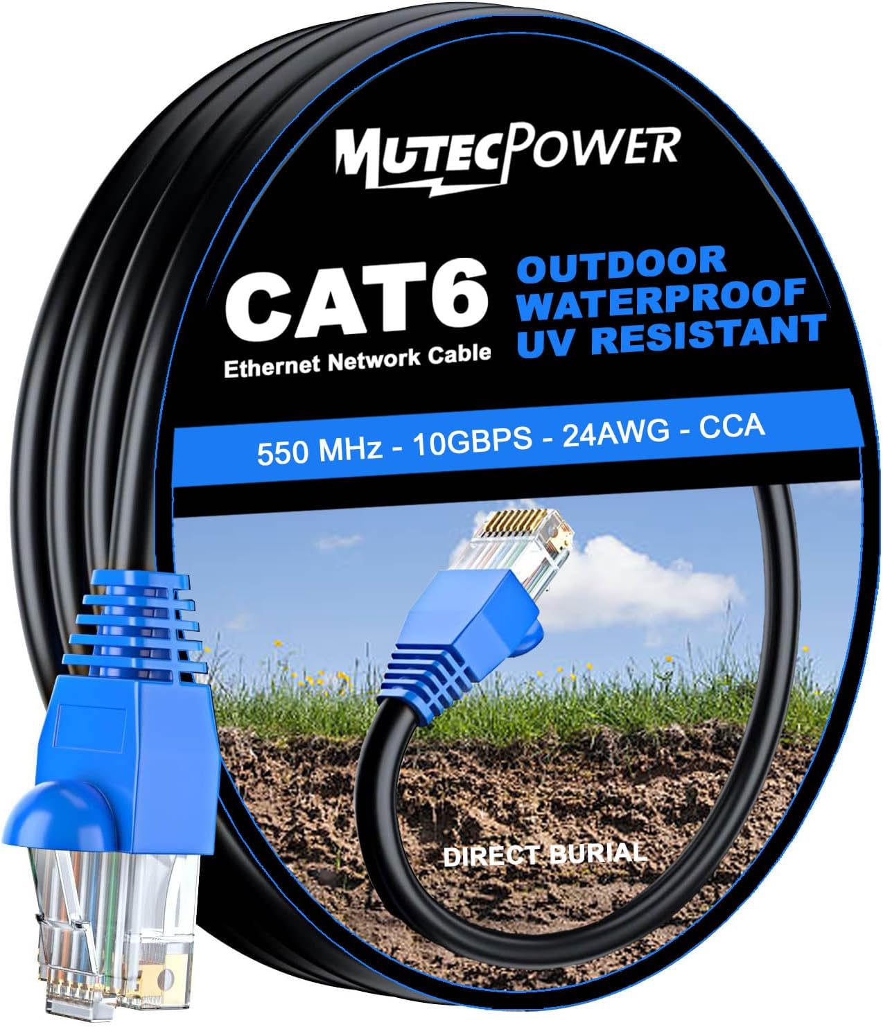 – 10m CAT6 Outdoor waterproof Direct Burial Ethernet Network Cable - UTP - CCA - 550 Mhz - Black 10 meter with Cable Ties