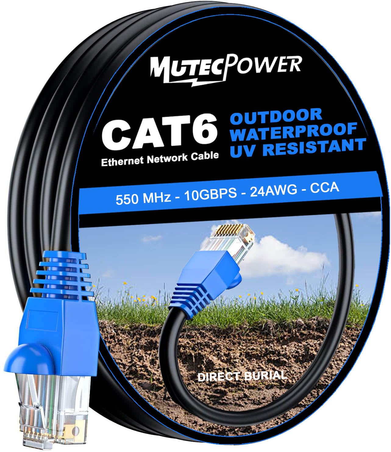 MutecPower 10m CAT6 Outdoor waterproof Direct Burial Ethernet Network Cable - UTP - CCA - 550 Mhz - Black 10 meter with Cable Ties