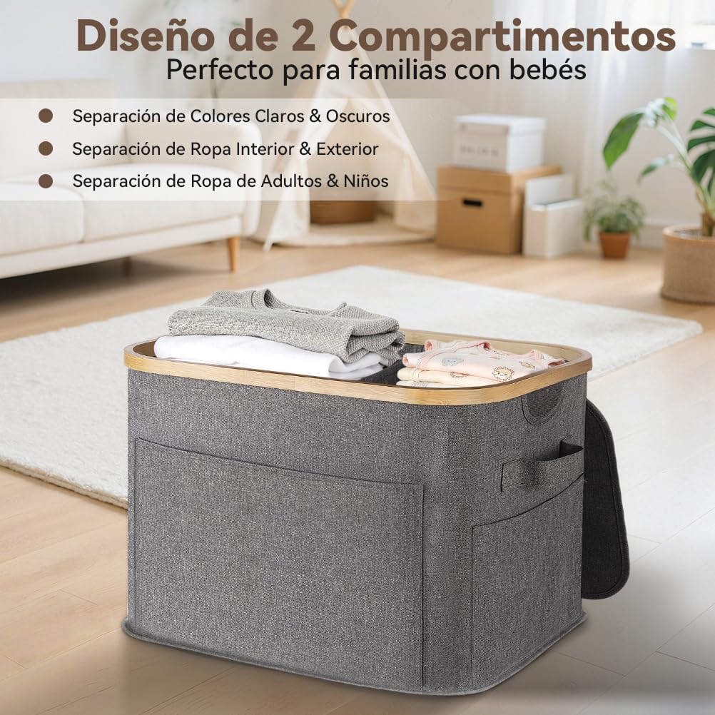 OUSFOT Cesto Ropa Sucia con Tapa 70L, Cubo 2 Compartimentos, Laundry Basket Impermeable para Armario