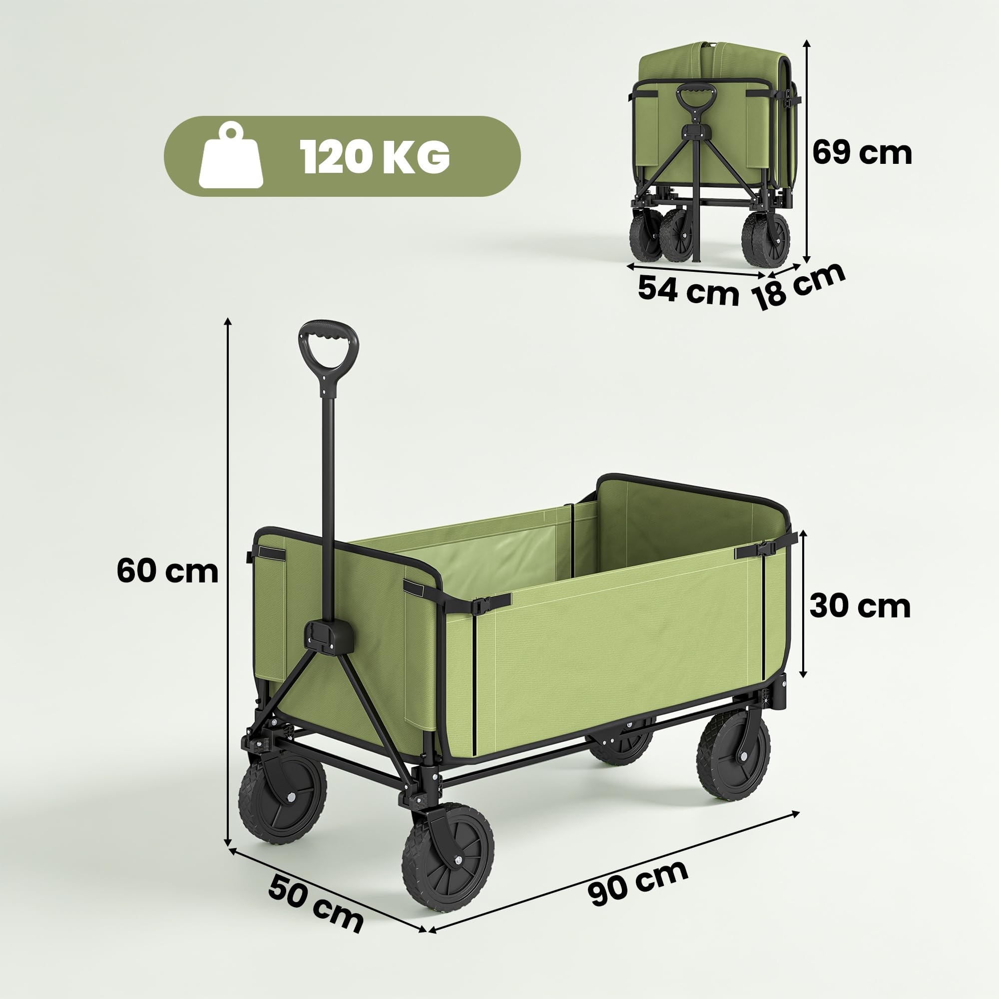 Outsunny Chariot de Transport Pliable 190L 120kg, Chariot de Jardin 4 Roues Dont 2 Roues Universelles, Poignée Télescopique Rotative et Ajustable 90°-180°, pour Plage, Camping, Jardin, Cour, Noir