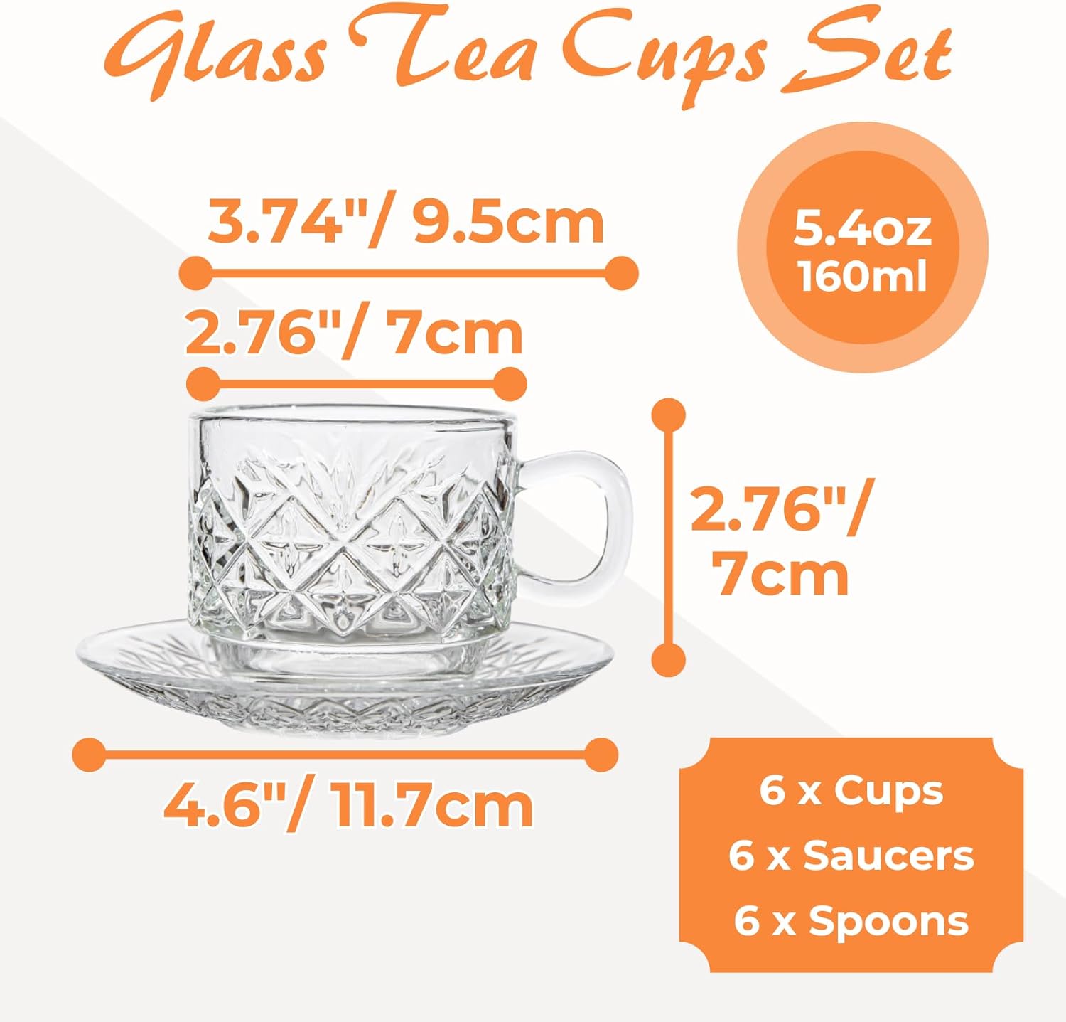 Atarvana 6 Pack Glass Tea Cups and Saucers Set with Spoons, Glazeal Stackable 5.41oz/160ml Heat-Resistant Espresso Cups, Transparent Tea Glass for Cappuccino, Latte, Cafe and Home Kitchen Use