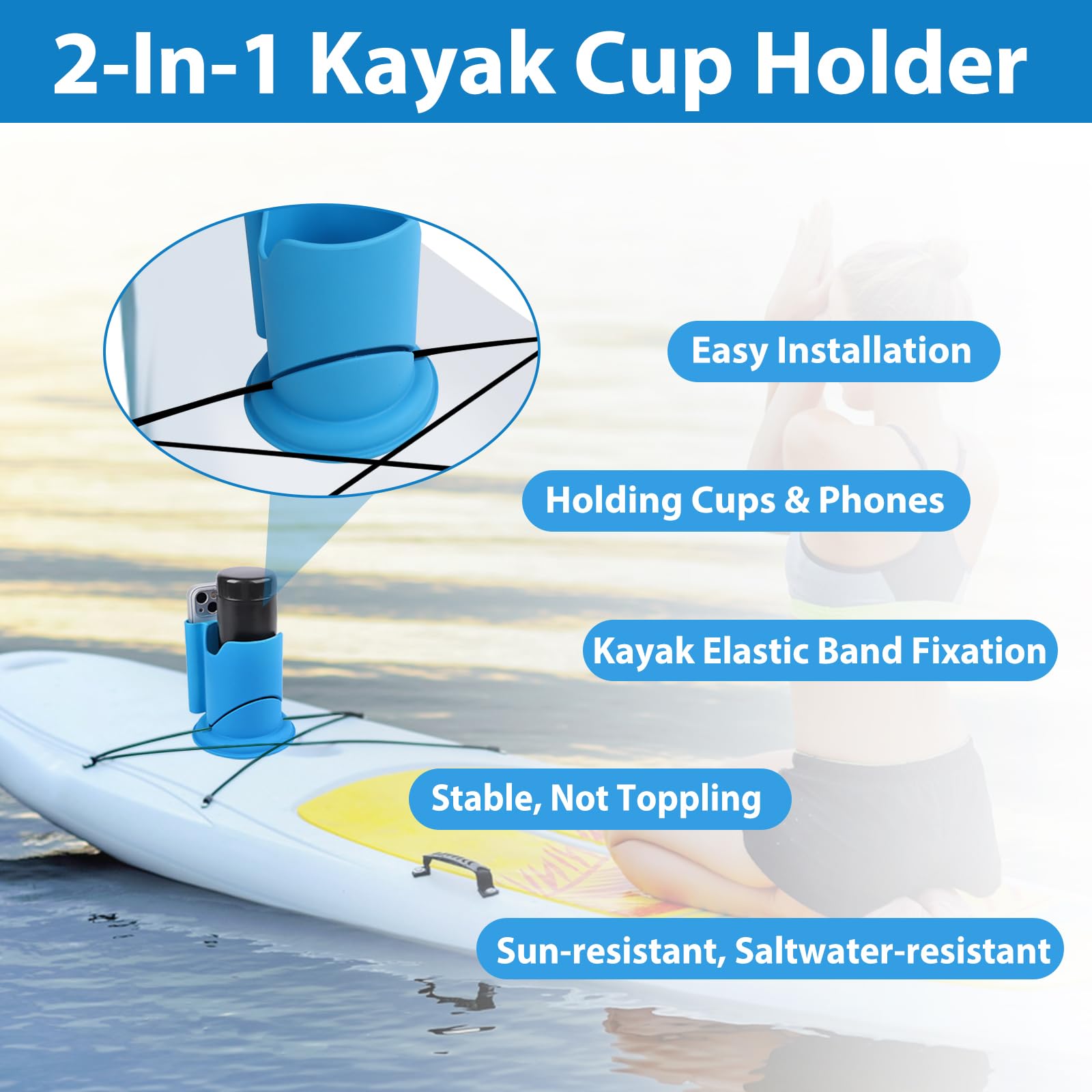 Paddleboard Cup Holder, 2 in 1 Drink Phone Holder for Kayaks SUPs, Blue