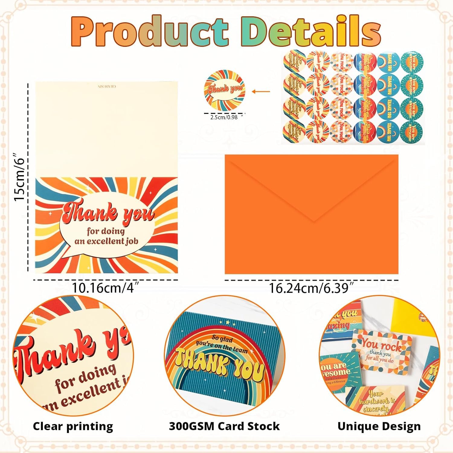 Paquete de 96 tarjetas de agradecimiento para empleados con sobres y calcomanías de 4 x 6 pulgadas, tarjetas de agradecimiento para el personal, regalos de agradecimiento para compañeros de trabajo