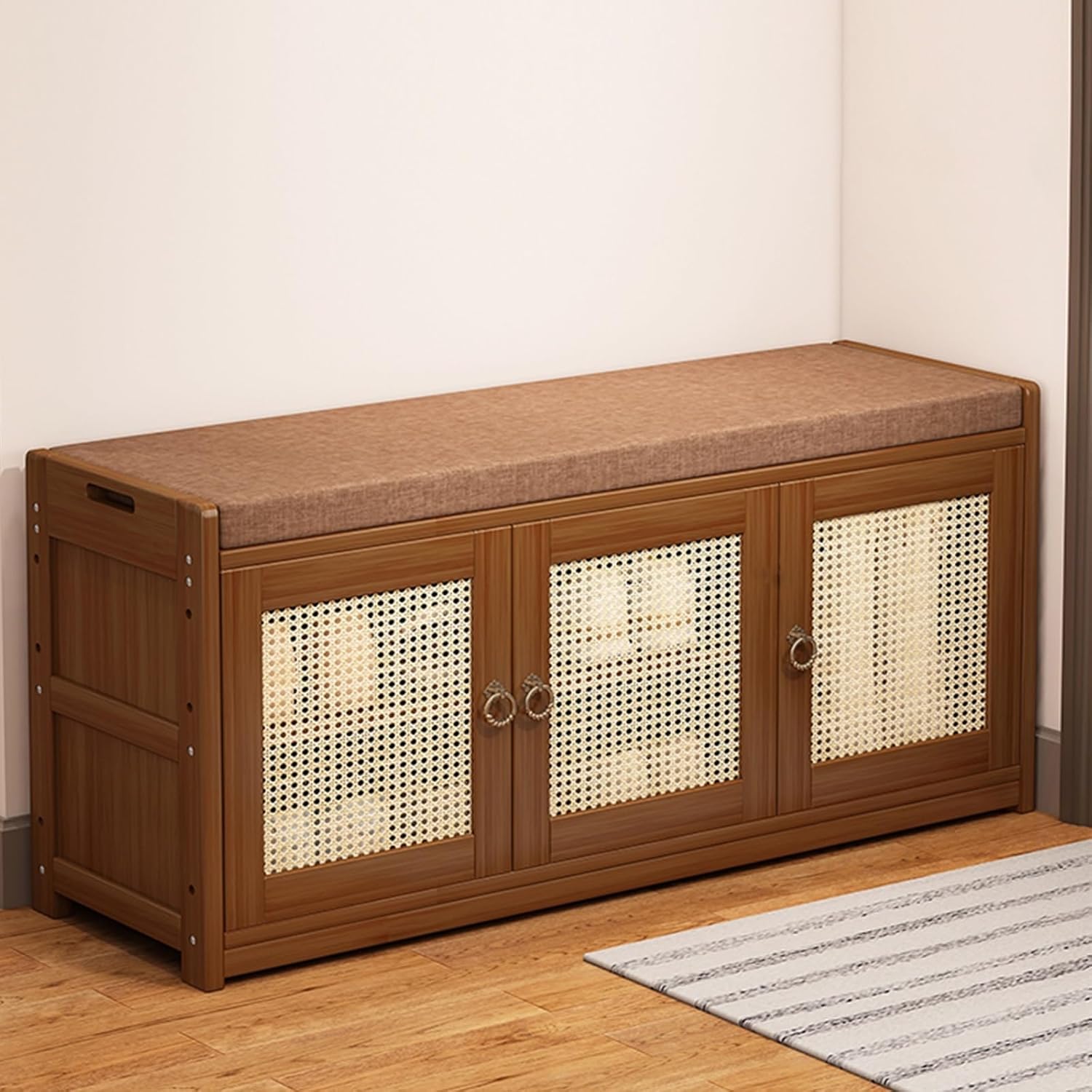 Étagère à chaussures avec coussin et armoire de rangement 100cm en rotin tressé