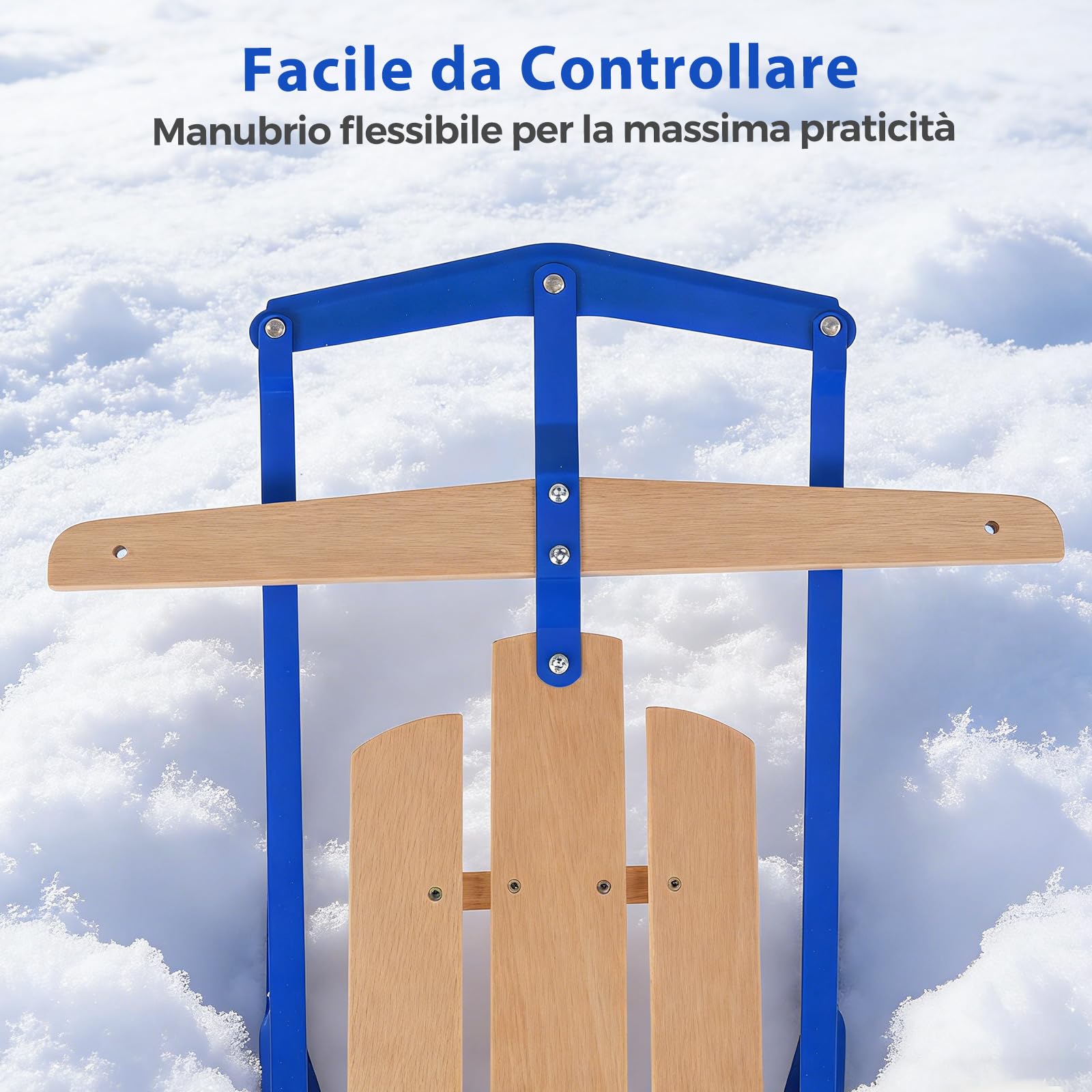COSTWAY Slittino da Neve, Slittino per Bambini e Adulti con Barra di Direzione, Fori Preforati e Maniglie, Slitta da Neve in Legno e Metallo Vernicato, Carico Massimo 150 kg