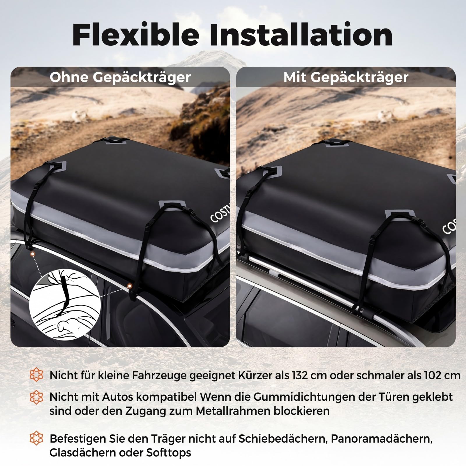 COSTWAY Dachbox Auto, 600 Liter Dachkoffer wasserdicht, Gepäckbox mit Anti-Rutsch-Matte, 6 Türhaken, Schloss & Tragetasche, tragbare Dachtasche XXL für Autos mit/ohne Gepäckträger (Grau)