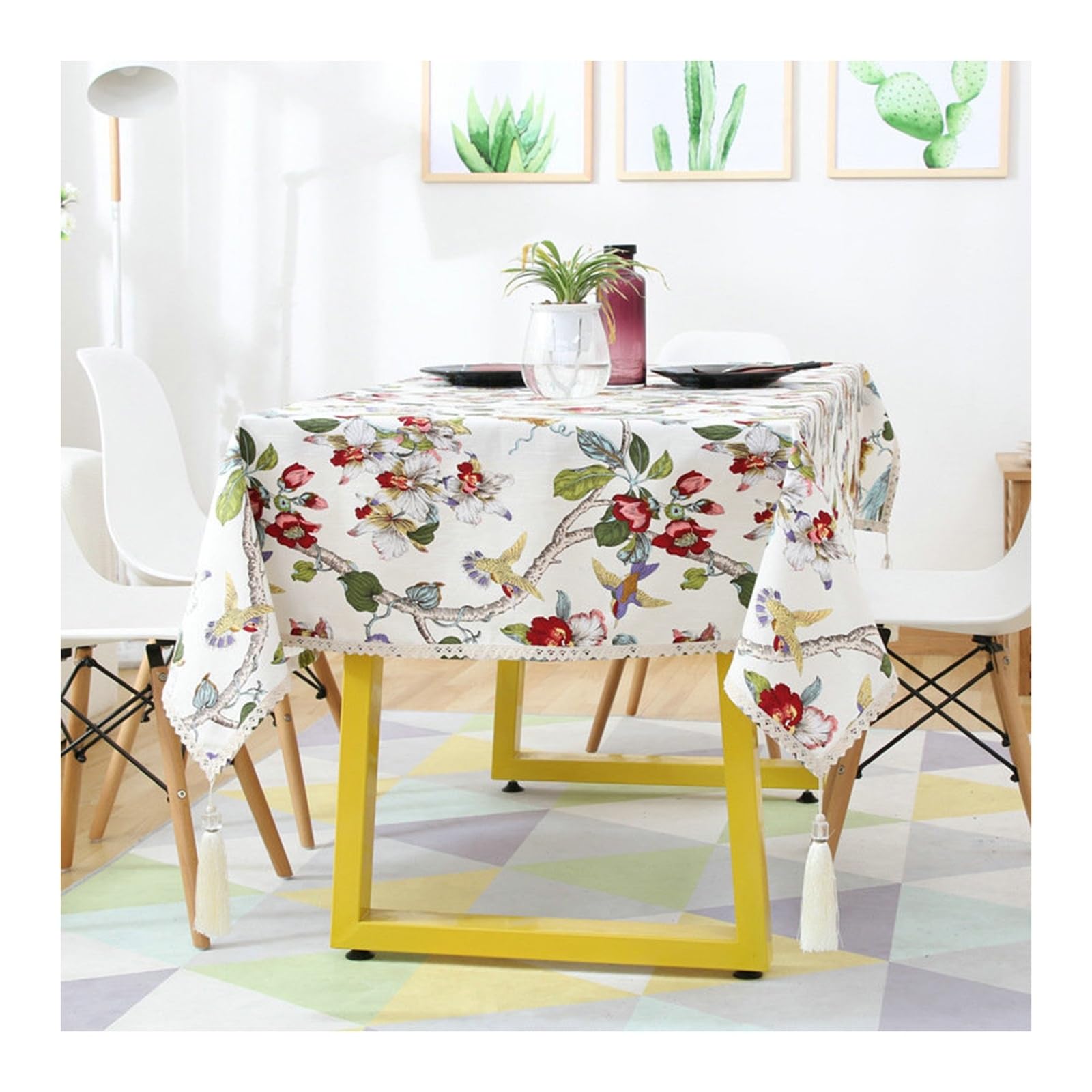 Nappe carrée blanc imprimé floral pour décoration de table repas de famille