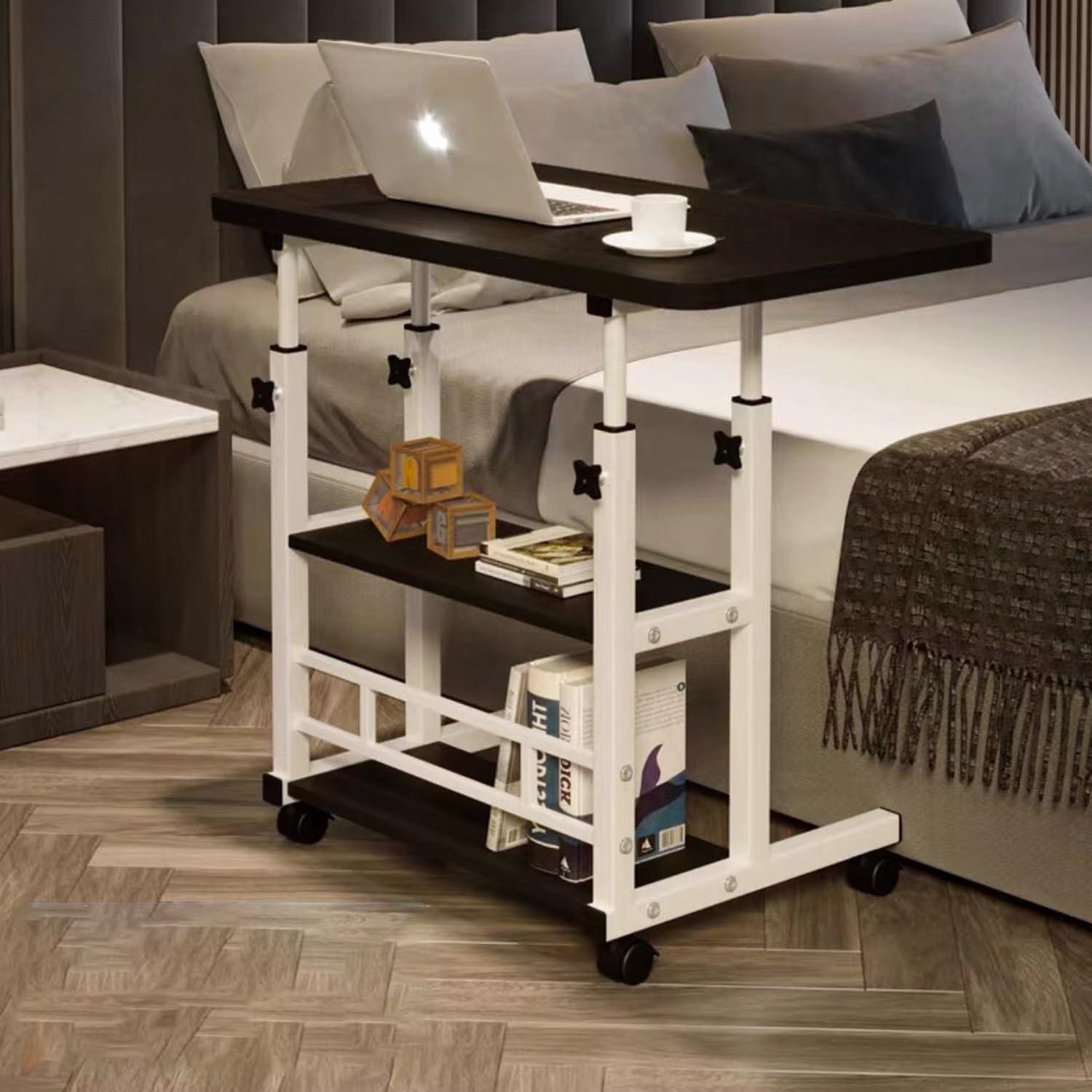 Jorunb Home Office Desk, Adjustable Height 60-90 cm Laptop Table with Tray, Portable Small Computer Desk with Rollers, Modern Office Study Reading Side Table (Double layer - black)