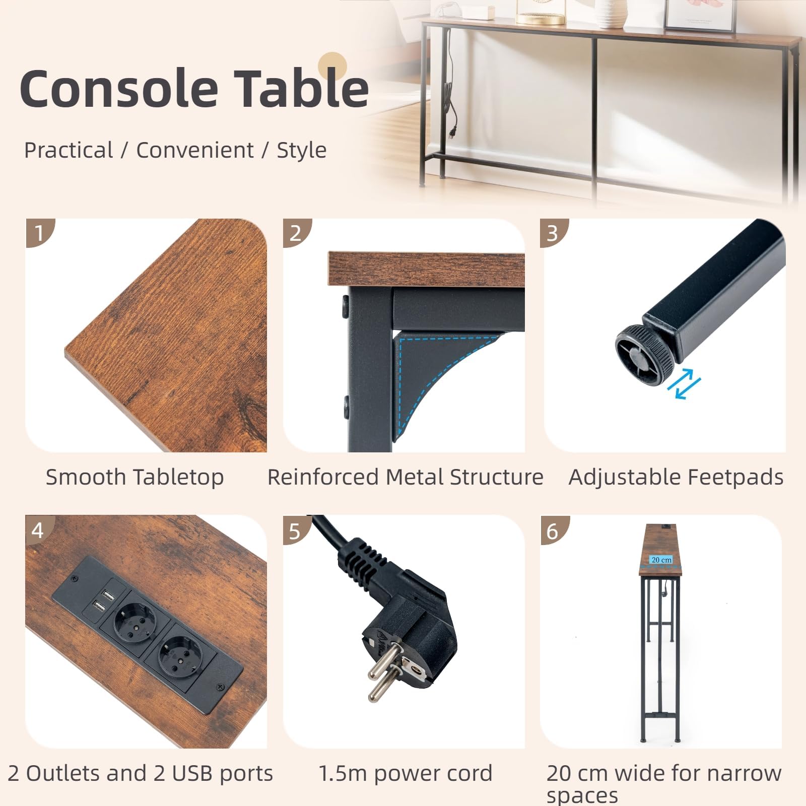 Tavolo Consolle da 180 cm con 2 Prese e 2 Porte USB, Tavolo Consolle d'Ingresso Stretto da 20 cm di Larghezza, Mobile Dietro il Divano per Soggiorno, Ingresso, Corridoio, Hall, Marrone e Nero