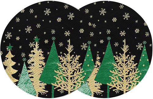 Miniatura 1 de Paquete de 2 manteles individuales redondos trenzados, diseño de copo de nieve de árbol de Navidad, color verde y dorado, de 15 pulgadas, lavables,