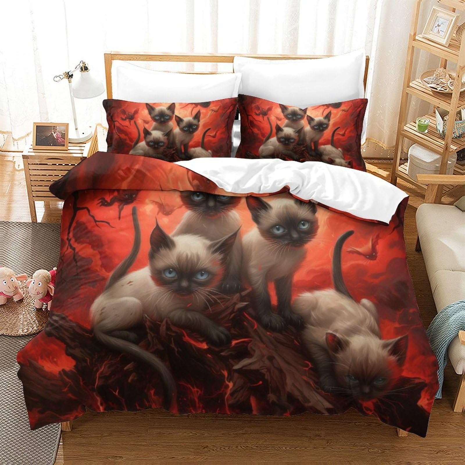 Housse de couette chat siamois imprimé 3D parure de lit microfibre