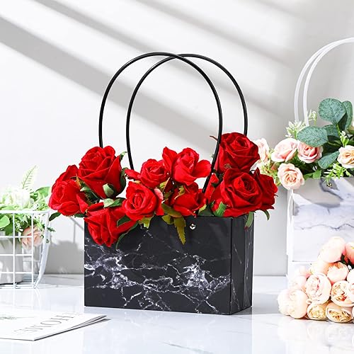 Miniatura 3 de 12 bolsas de regalo de papel kraft de mármol con asa, cajas de ramo de recuerdos de fiesta de boda para flores, embalaje impermeable para