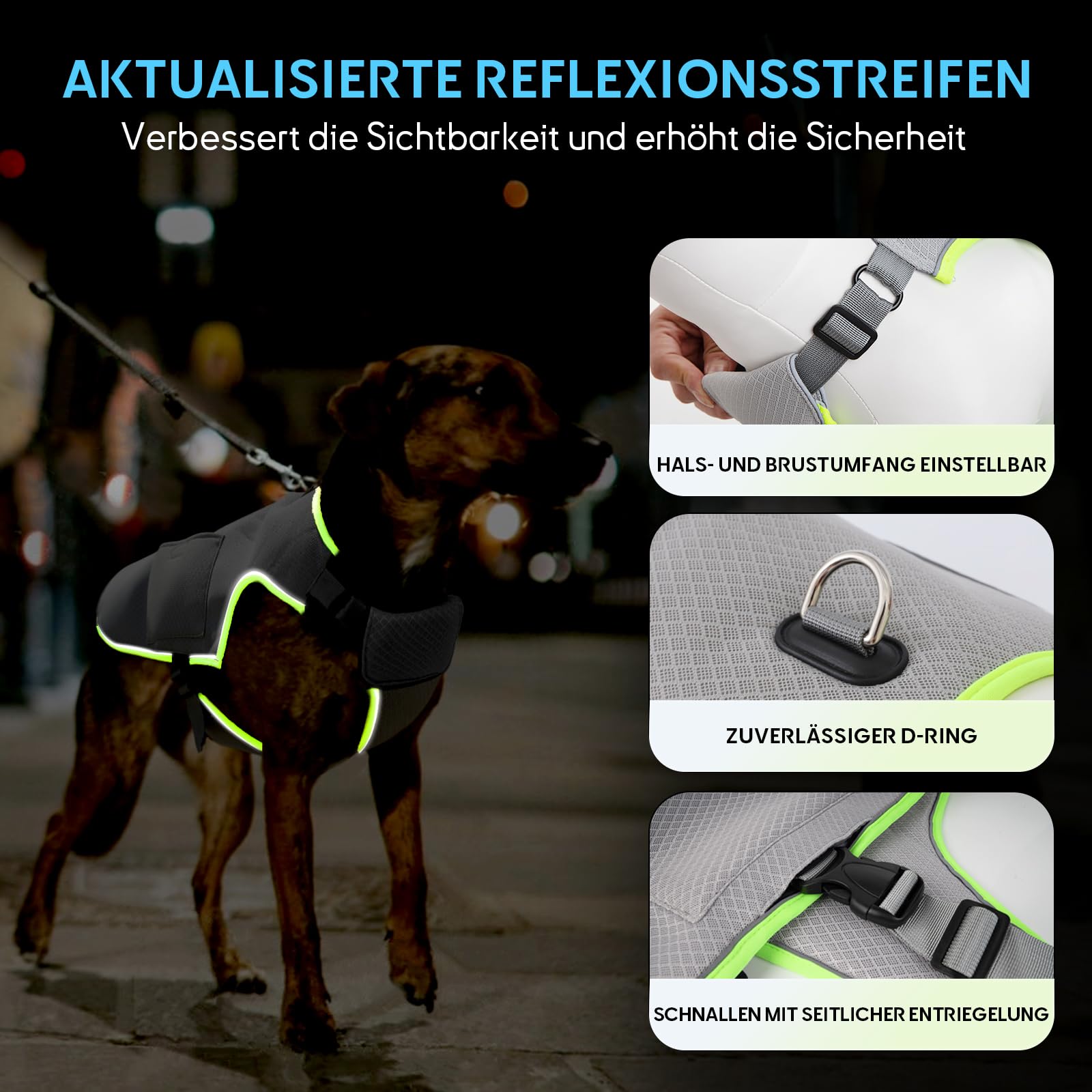 Kühlweste Hund mit 2 Gel-Eisbeutel Hundekühlwesten Reflektierende und Atmungsaktive Kühlmantel Kühljacke für Große Mittlere Hunde kühlhalsband Sonnenschutz kühlung Sommer Grau L