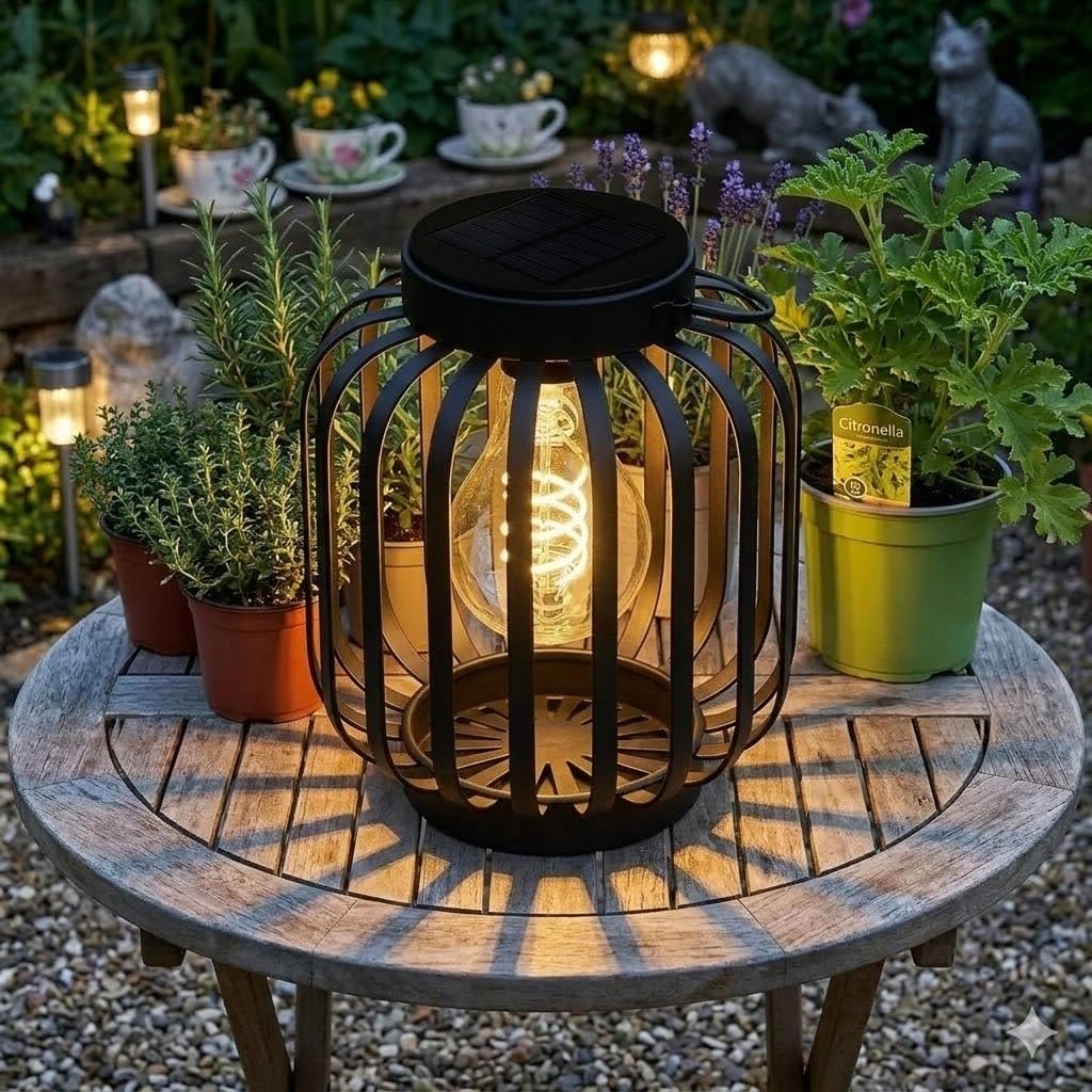 Bloomingtons Direct Black Metal Cage Solar Lights Outdoor Hanging Garden Lanterns, Auto On/Off, Wireless Table Lanten Waterproof Solar Lantern With 5 Firefly Leds Bulb Ornaments For Yard Pathway Patio
