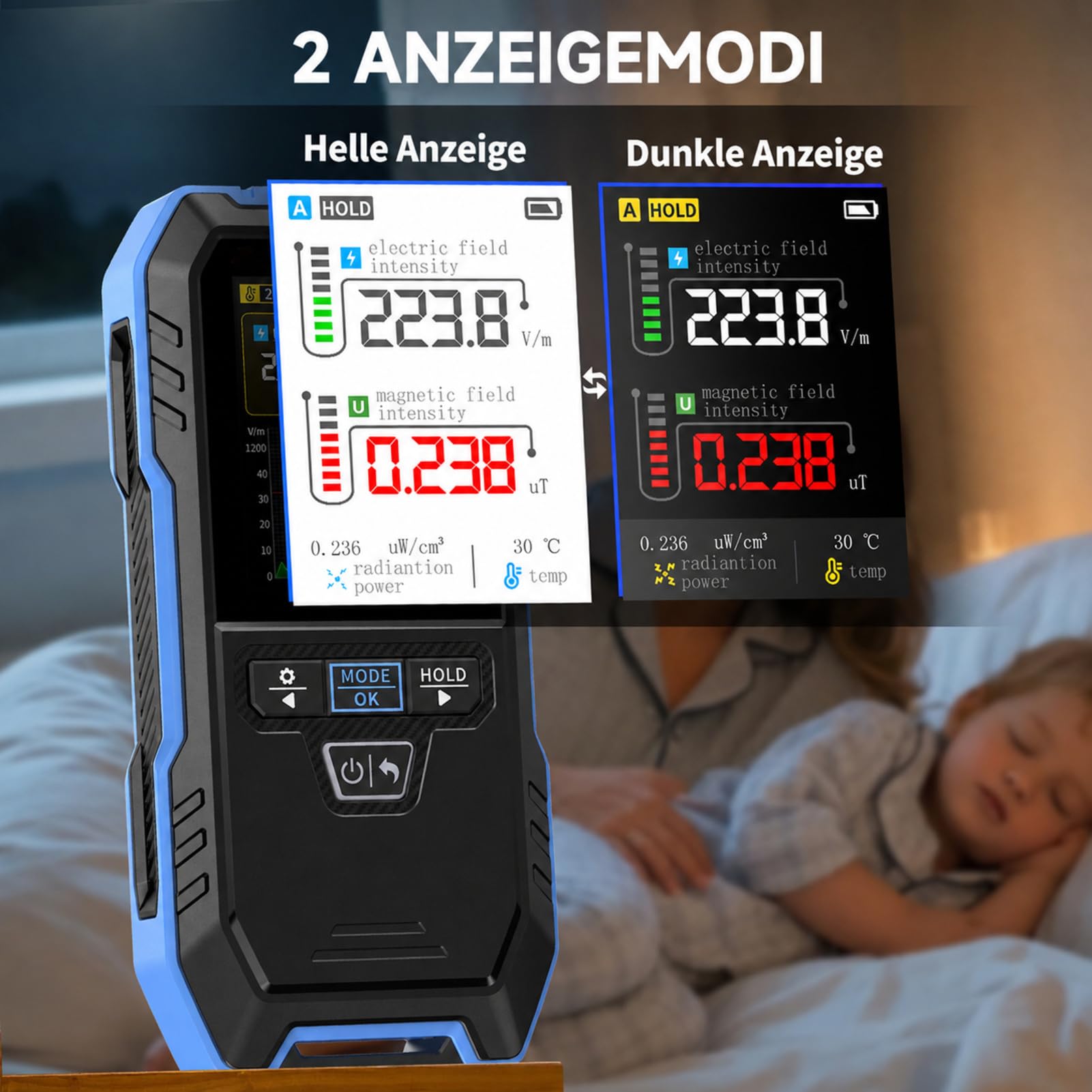 EMF messgerät Elektrosmog messgerät 3 In 1 Strahlenmessgerät Messung von EF MF RF Automatischer Alarm bei Überschreitung der Norm TFT Farbbildschirm für Haus, Büro und Kinderzimmer.