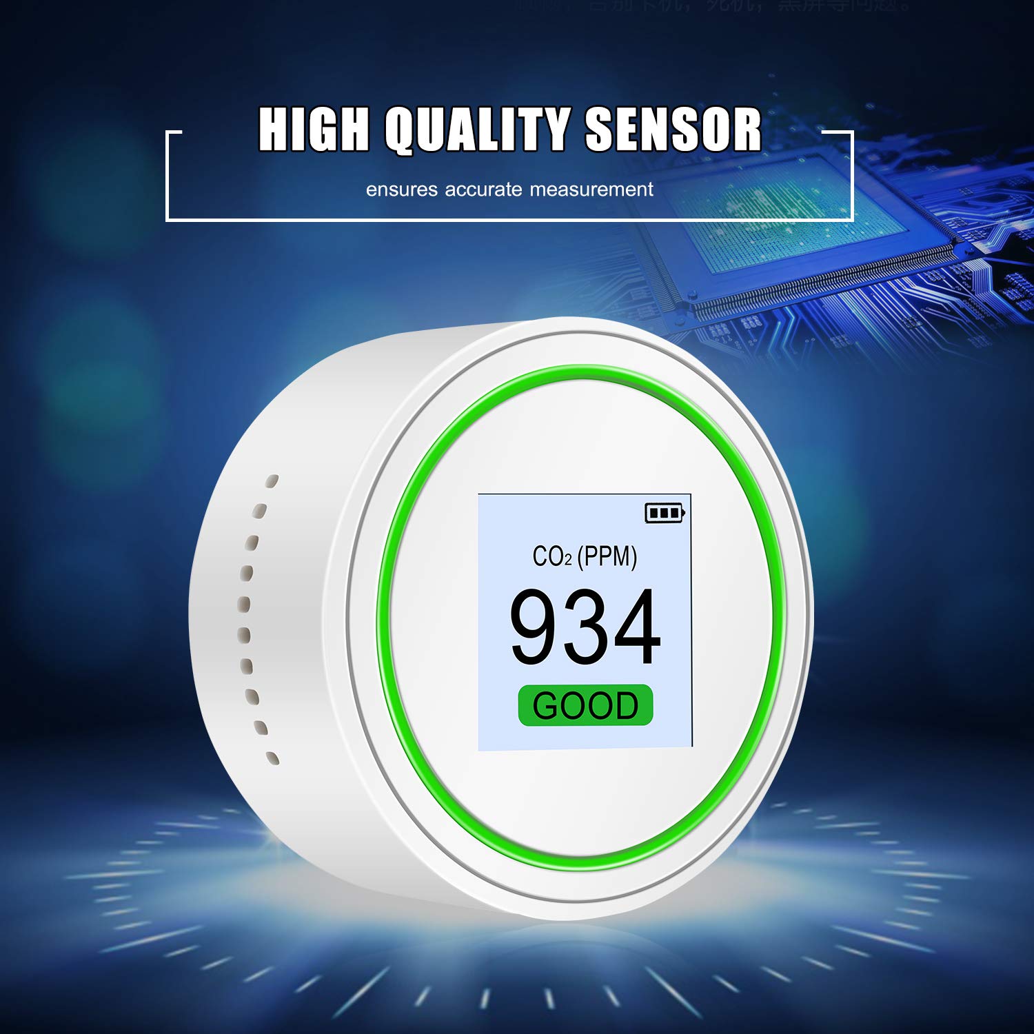 BAtlam Probador y CO2 Detector de Calidad del Aire Tamaño de la Palma de la Mano Probador de Calidad del Aire Monitor de Calidad del Aire de Alta precisión para CO2 y con recordatorio de luz y Sonido