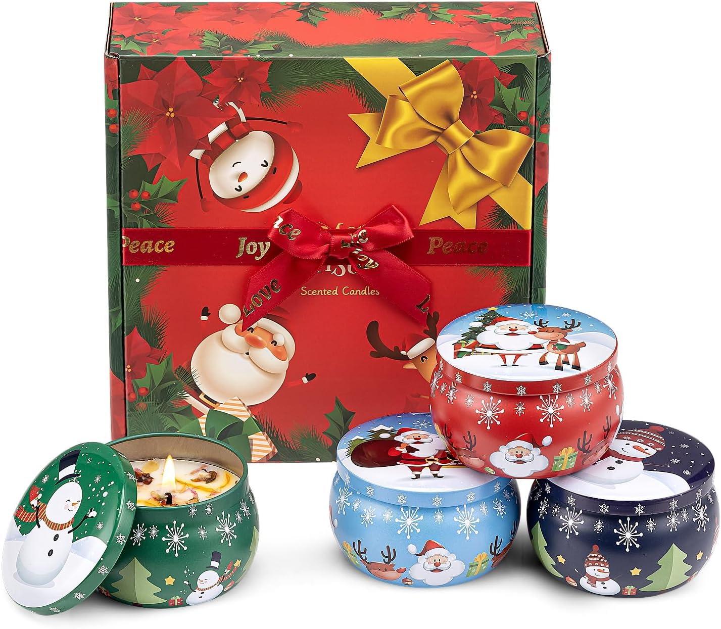 LTLCLZ 4 Tin Merry Christmas Scented Candles Gift Box – Aromatherapy Christmas Candles Jar Soy Wax – Christmas Decorations for Home – Christmas Fragrance Candle Gift Set (multicolour)