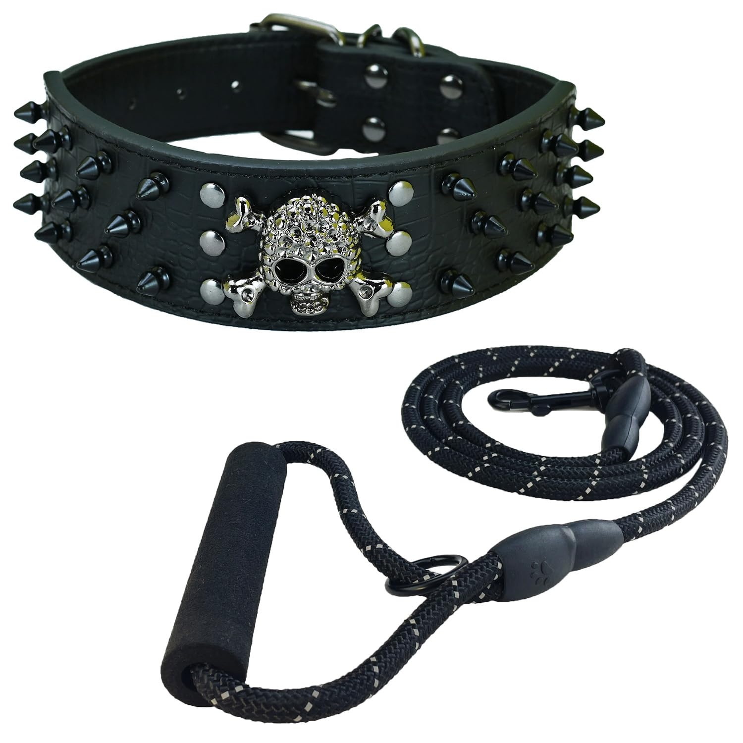 Amazon | Newtensina 黒スタッズドクロ犬の首輪とリーシュ