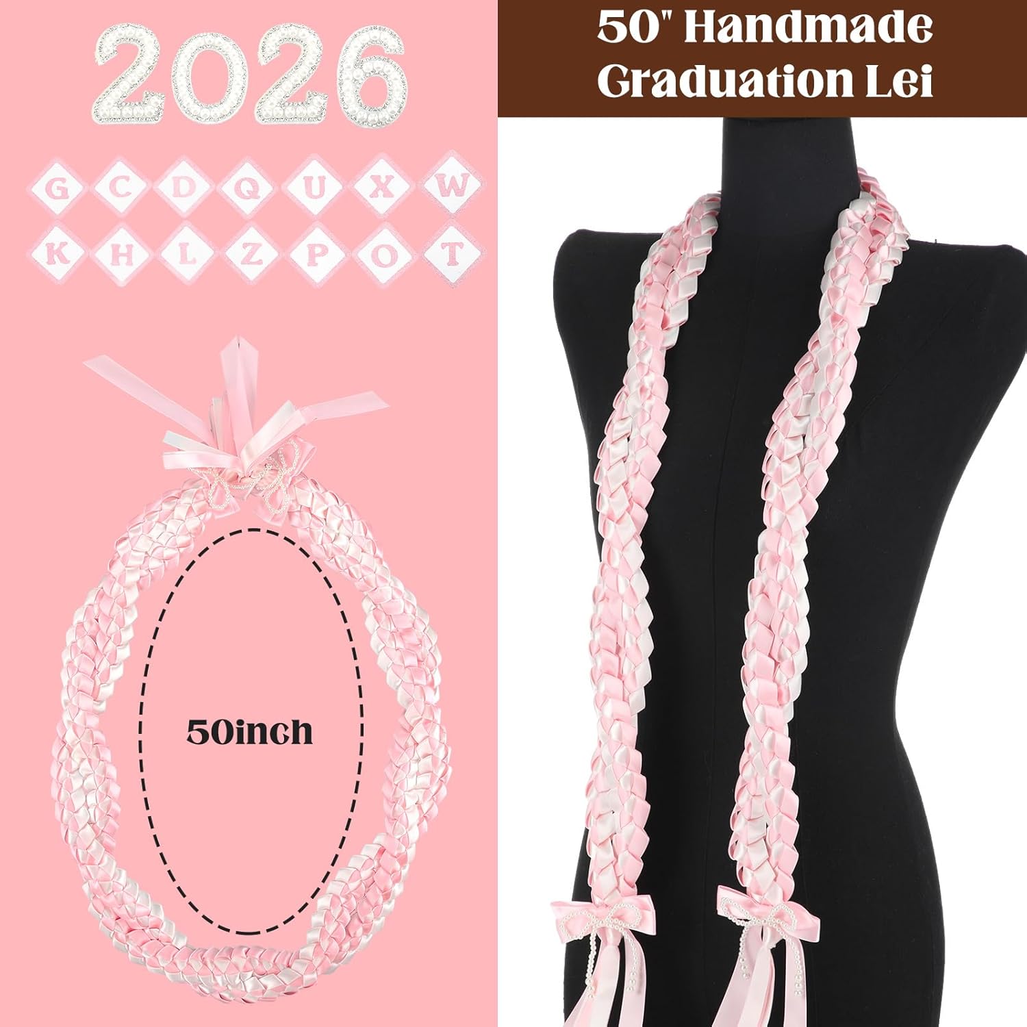 Class of 2026 Graduation Leis with Pearl Bows, 108 Patches Letters and Pearl 2026 Numbers DIY Graduation Ribbon Lei Double Braided Necklace for Senior Night College Grad Party Supply(Pink)