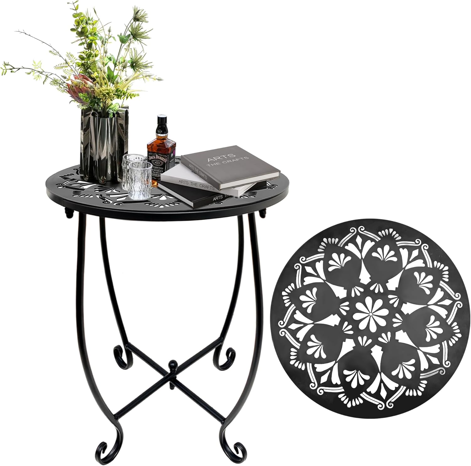 Patio Side Table, Weather Resistant Metal Side Table, Small Round Outdoor End Table Accent Side Table for Patio Yard Porch Balcony Garden Bedside Plant Stand Indoor Outdoor (H 17Inch) (1)