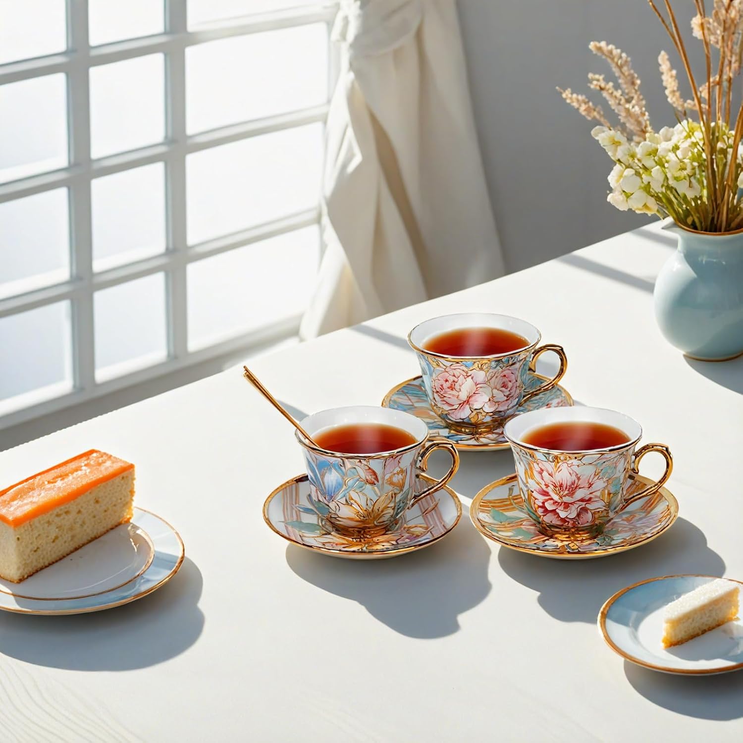 Tea Cups and Saucers Set of 6, 8 OZ Ceramic Tea Cups with Saucers Vintage Floral Tea Cup Set for Cappuccino, Macchiato, Afternoon Tea Birthday Party Supply Thanksgiving Day Halloween gifts - Image 6