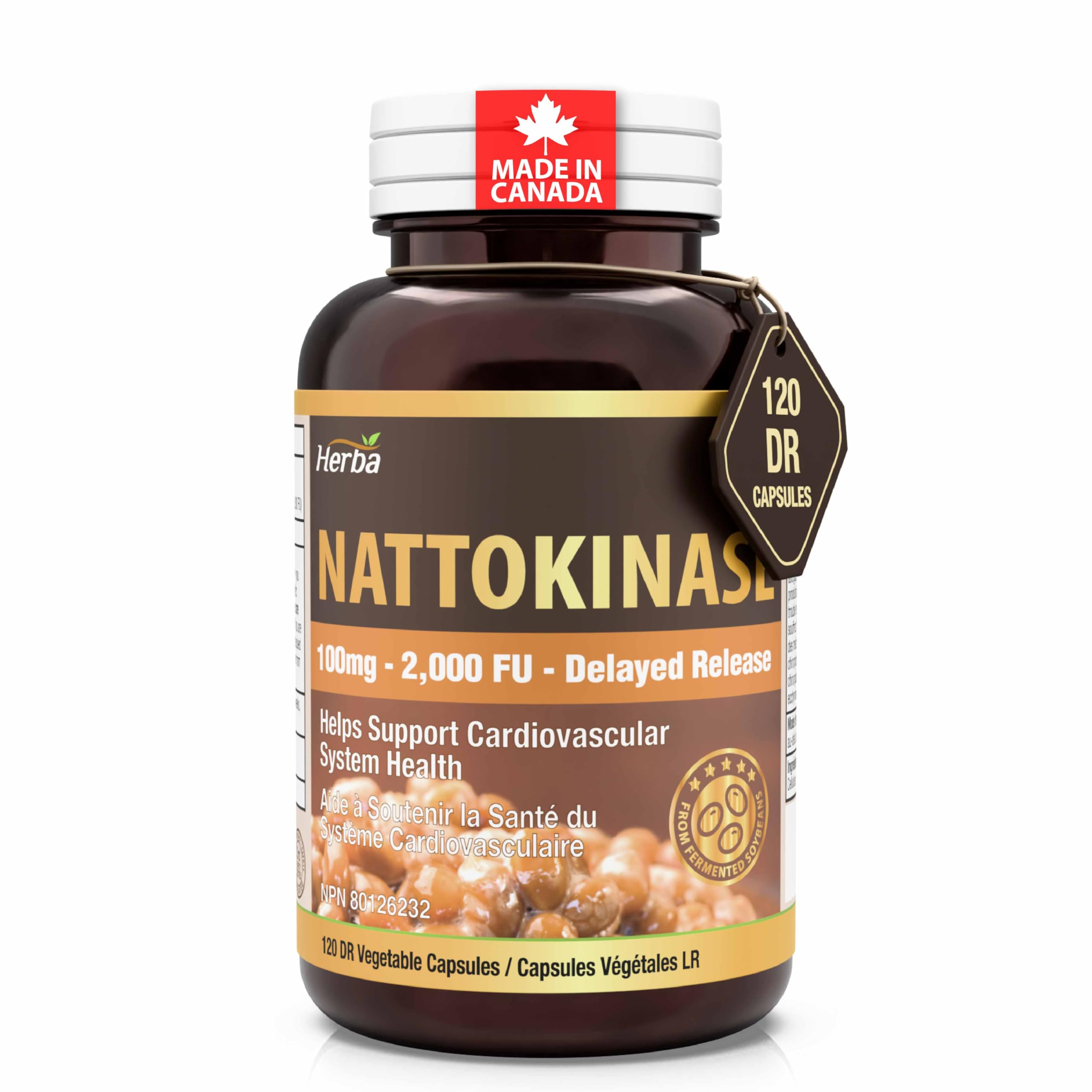Herba Nattokinase Supplement 2000 FU – 100mg, 120 Delayed Release Capsules | Helps to Support Heart Health | Made in Canada