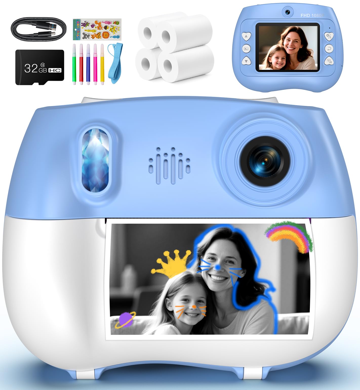 Instant Print Camera for Kids - Front Rear Dual Selfie Kid Print Camera, Fun Birthday Gift for Boys Ages 3-12, HD Digital Video Cameras, Easy to Use