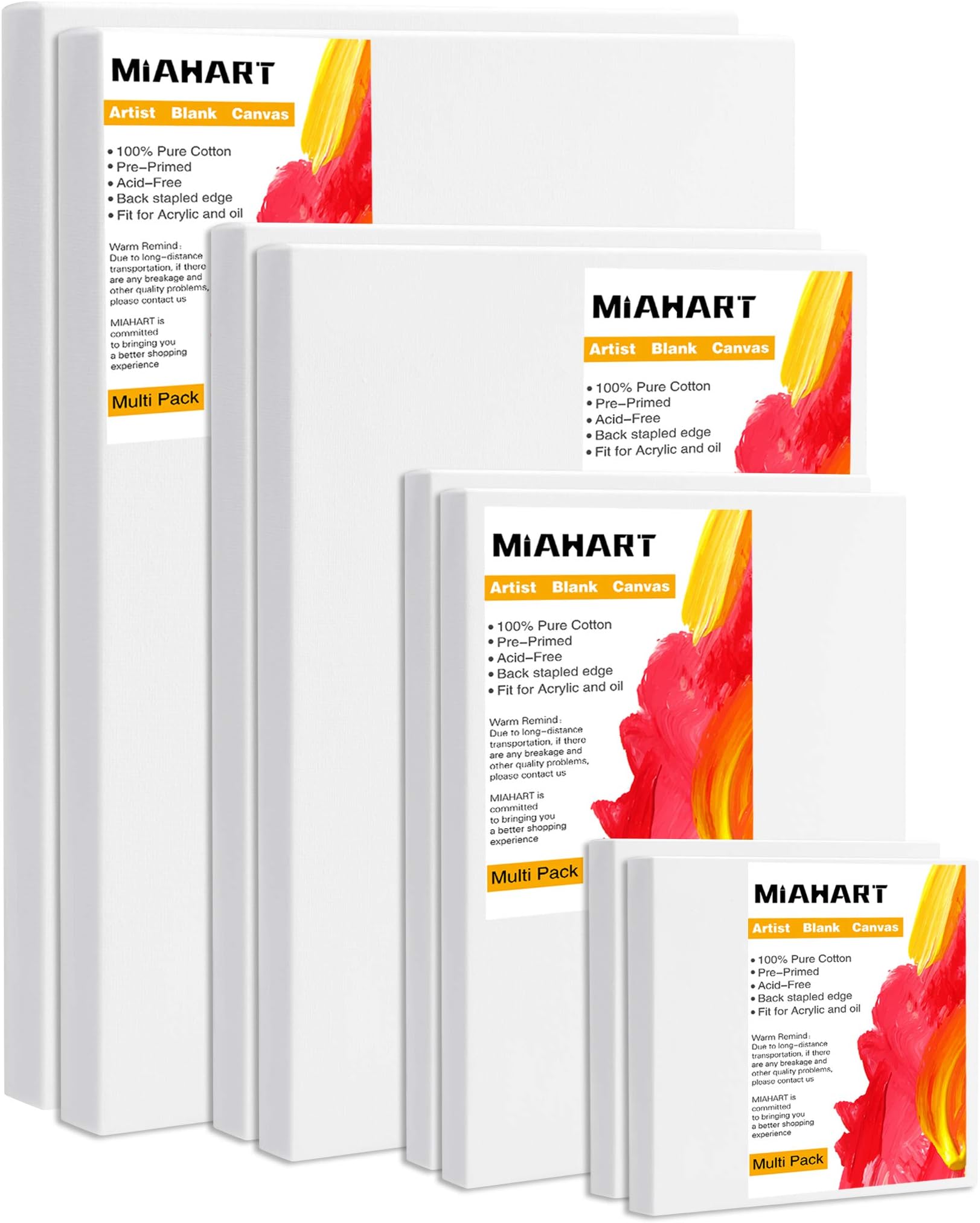 MIAHART Multi-Pack Stretched White Blank Canvas 8 Pack Artist Blank Canvas Frame in 4x4, 6x8, 8x12,12x16 for Acrylic, Oil Water Painting Board Wet or Dry Art Media Artists