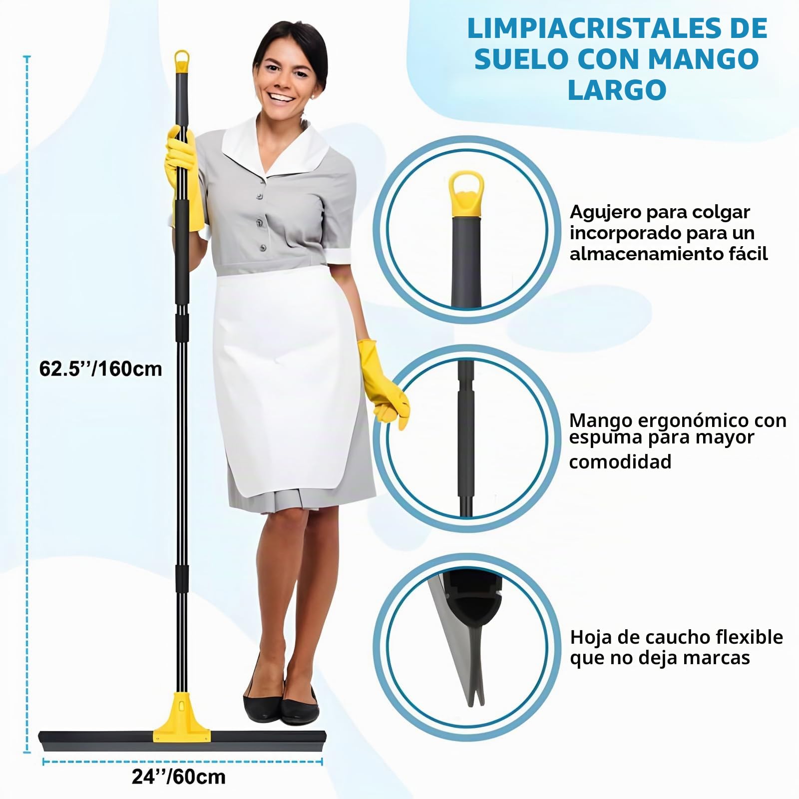 Raspador de suelo exterior resistente, 60 cm escoba raspadora de mango largo 160 cm para limpiar garaje patio baño ducha ventana de cristal azulejo terraza mármol agua
