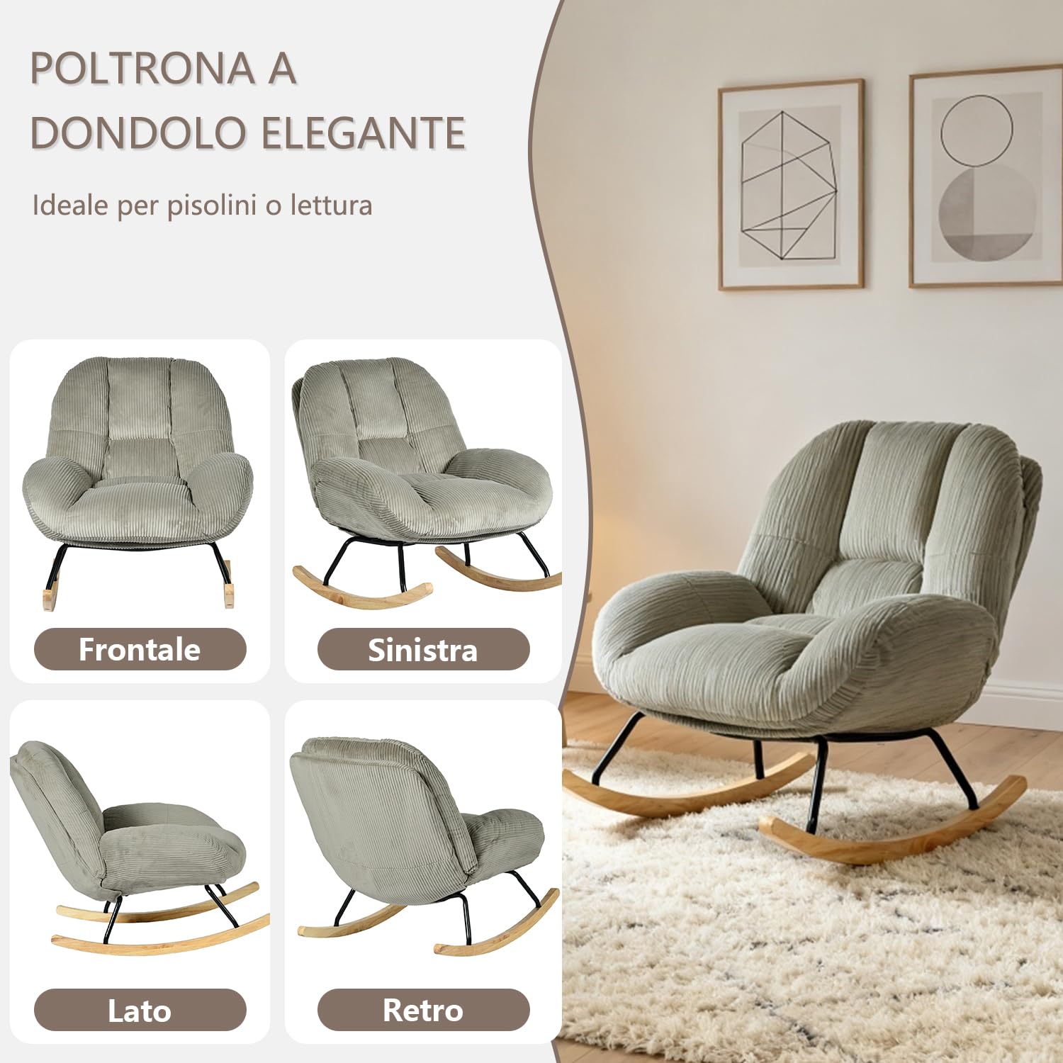 Meuble Cosy Poltrona a dondolo scandinava, in velluto a coste, sedia a dondolo per allattamento, gambe in legno di Hevea per soggiorno, camera da letto, grigio