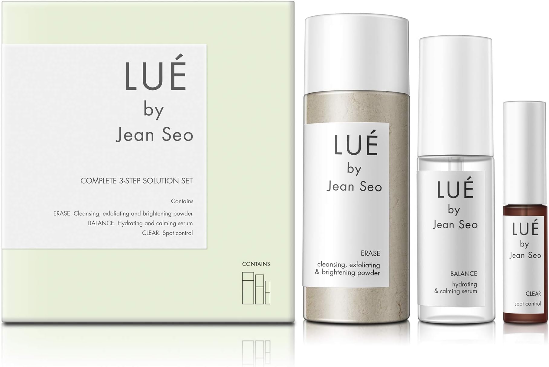 SKIN SOLUTION SET a THREE Step Solution for All Skin Types, Includes Lue by Jean Seo ERASE exfoliant, BALANCE Hydrating Serum and CLEAR Spot Control