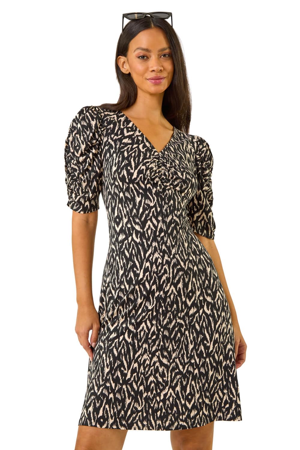 Roman Originals Tea Dress for Women UK Ladies Skater Swing Fit & Flare Flattering Summer Knee Length Frill Hem Ruched Chest Casual Smart Cocktail Party Going Out - Noir Abstract - Size 10