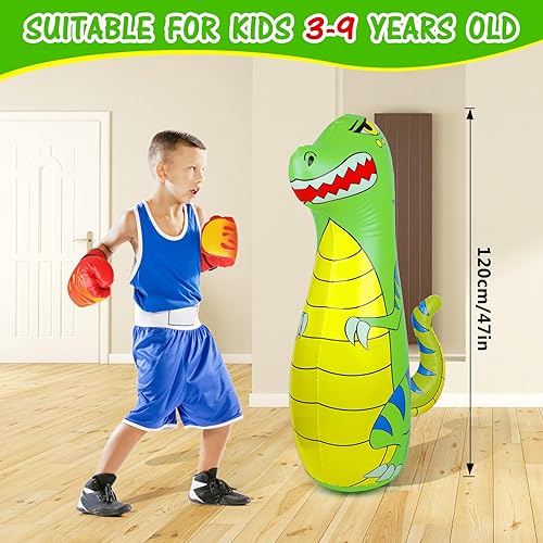 Miniatura 10 de EQARD Saco de boxeo para niños de 47 pulgadas inflable de dinosaurio con material 40% más grueso, rebote instantáneo con guantes de boxeo, karate,