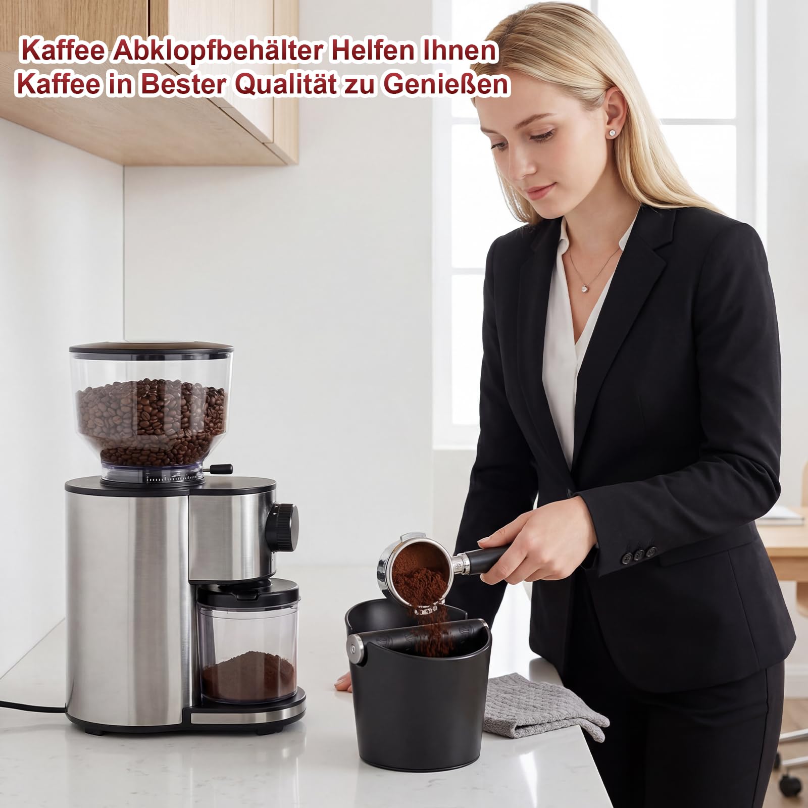 Abklopfbehälter für Siebträger Set, 6PCS Kaffeesatz Abschlagbehälter mit Tampermatte, Kaffeestampfer, Nadel, Reinigungsbürste, Tuch, Groß Knock Box mit Abnehmbarer Metall-Klopfstange Schwarz