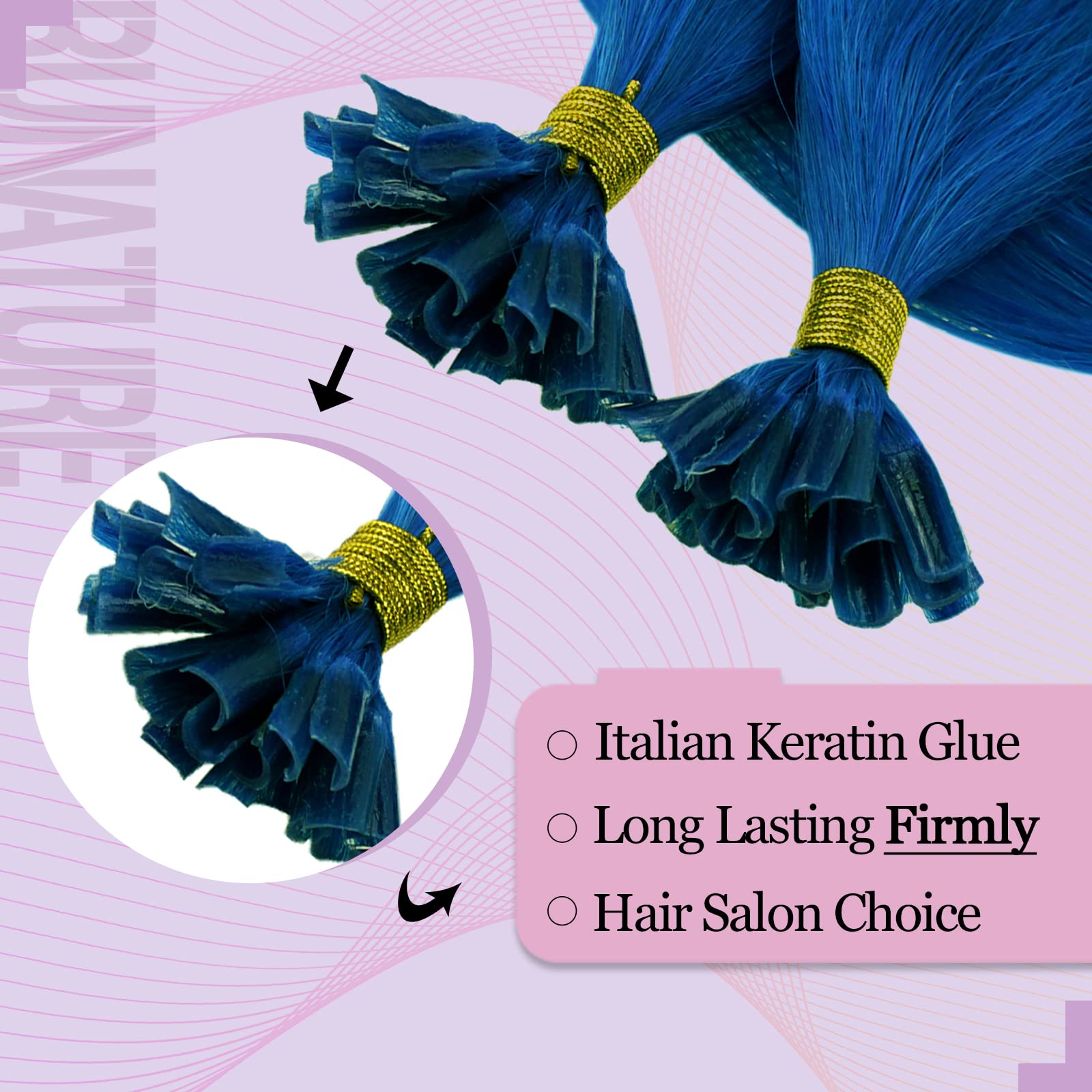 RUNATURE U Tip Hair Extensions Real Human Hair Blue Keratin Hair Extensions Human Hair Blue U Tipped Extensions 16 Inch 20g 25 Strands - Image 3