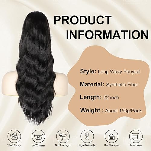 Miniatura 5 de Extensión de Cola de Caballo Negra con Cordón Extensión de Cola de Caballo Larga y Ondulada para Mujeres Extensión de Cabello de Cola de Caballo con