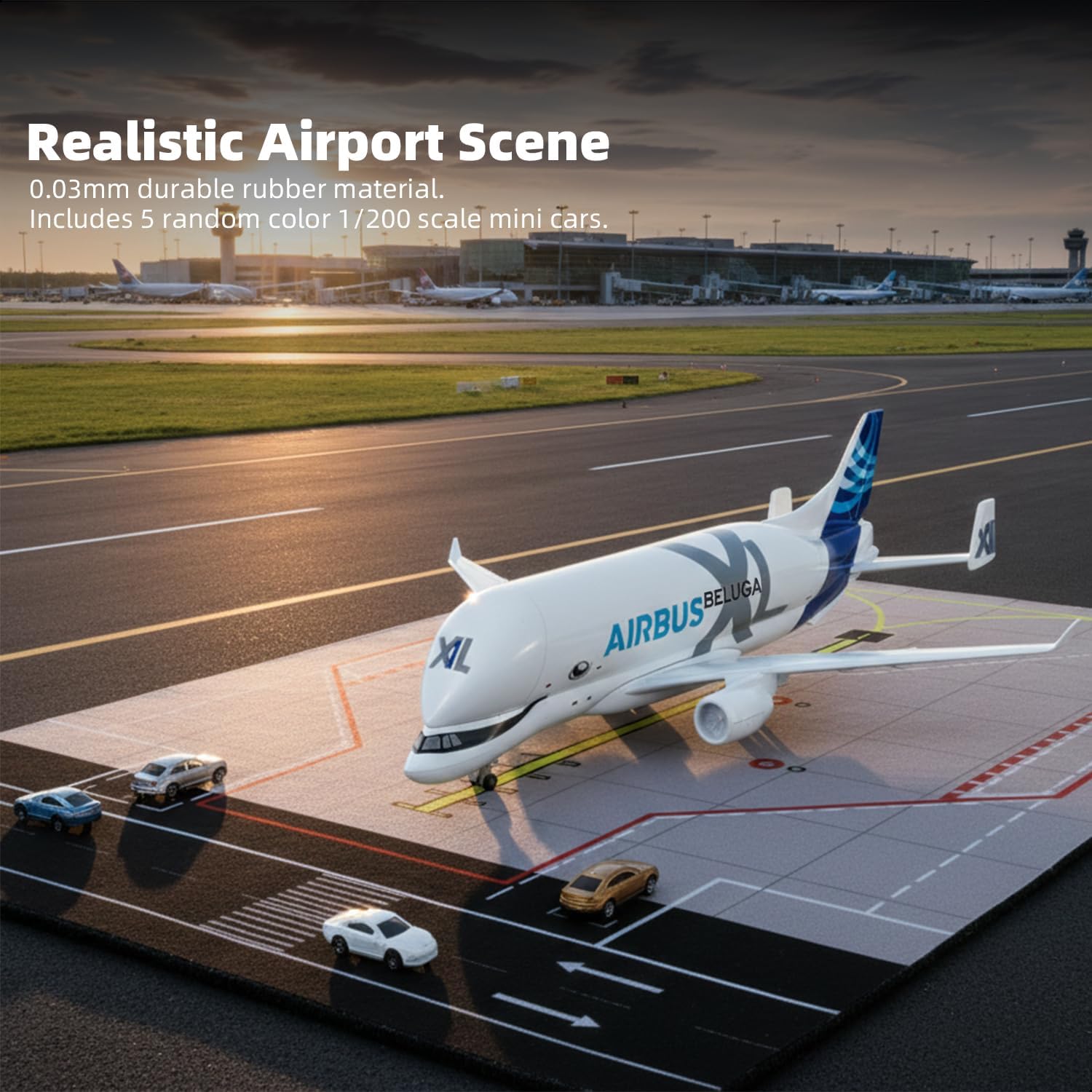 1/300 Compatible for Beluga XL Airplane Model Airport Set, Airbus A330 Diecast Metal Airplane Model with Stand, Rubber Mat, 1/200 Mini Car Model x5 for Display Decoration (Mat: 25×35 cm)