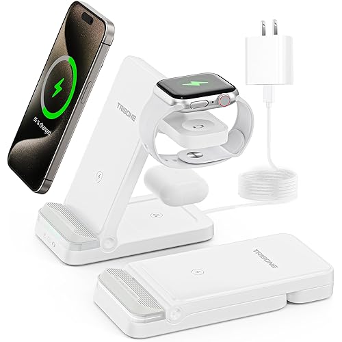 Wireless Charger, Tribone 3 in 1 Foldable Fast Charger for iPhone 16 15 14 13 12 11 Pro Max XR XS 8 Plus,for Multiple Devices，for Apple Watch 10 9 8 7 6 5 4 3 2 SE Ultra,for AirPods Pro 4 3 2 (White)