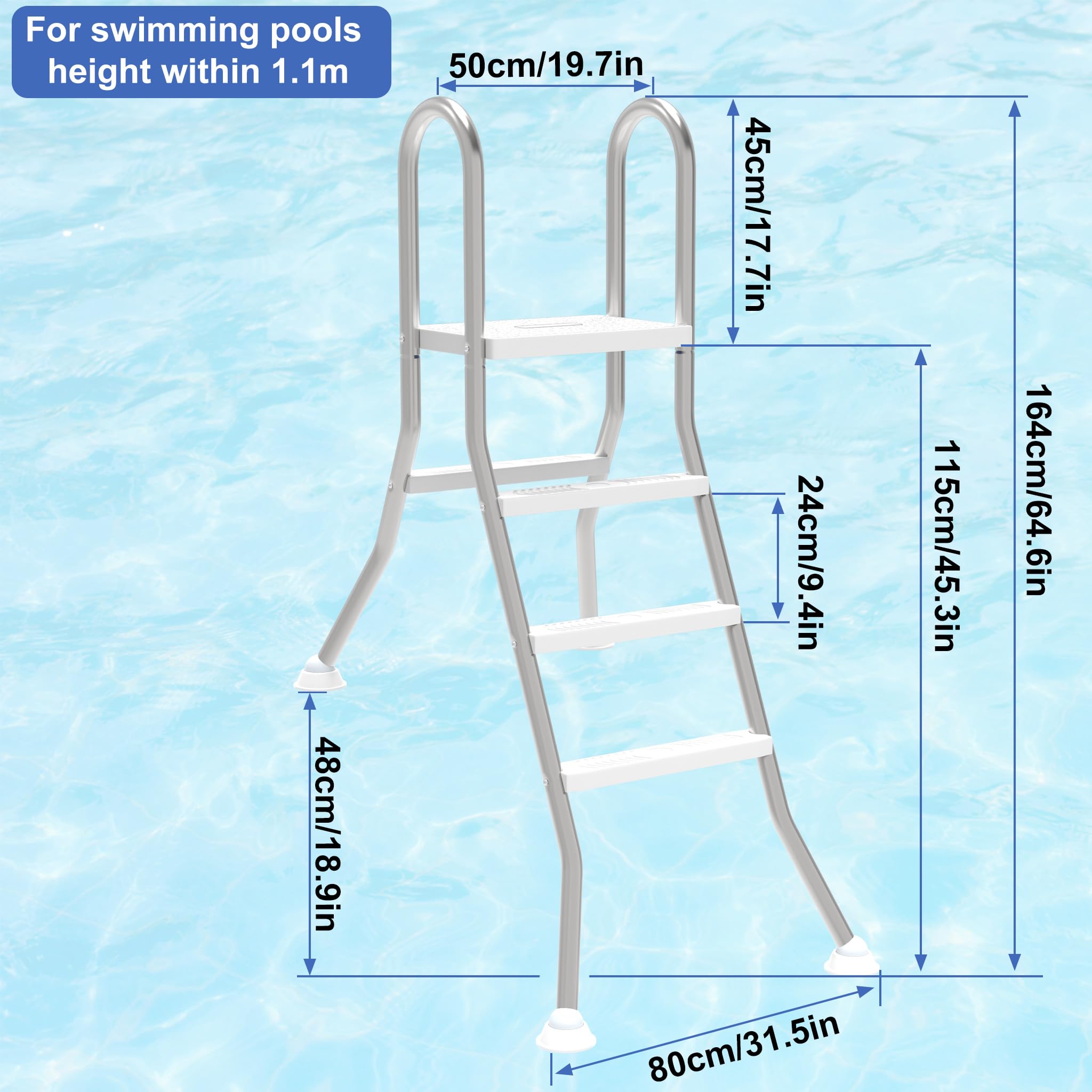 LZQ Échelle de piscine en acier inoxydable avec 3 marches - Antidérapant - Pour piscines partiellement encastrées - Capacité de charge de 150 kg - Marches antidérapantes - Convient pour les piscines