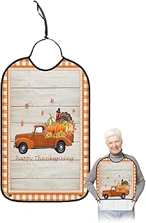 BOBOWUNY Thanksgiving Adult Bibs for Elder Women Men Eating, Orange Plaid Turkey Pumpkin Truck Wood Waterproof & Washable Bibs for Eating Clothing Protector Dining Bibs for Crumb Catcher