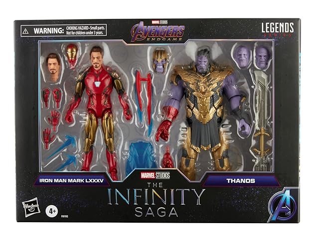 Figura de Acción de la Serie Legends de Marvel Hasbro de 6 pulgadas 2-Pack Juguetes Iron Man Mark 85 vs. Thanos, Personaje de la Saga del Infinito, Diseño Premium, 2 Figuras y 8 Accesorios