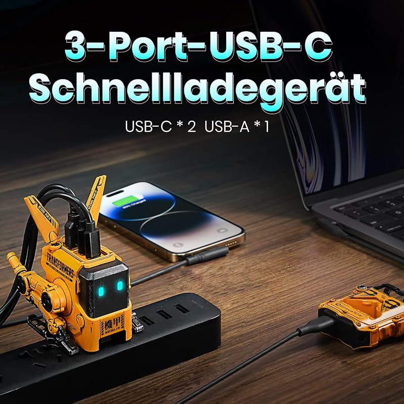 GravaStar Alpha 65W Robot GaN USB-C Töltő - 3 Portos Gyorstöltő iPhone, MacBook, Steam Deck Készülékekhez - Sárga Mecha Dizájn