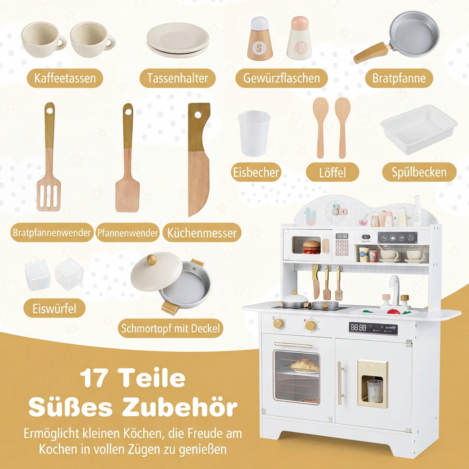 COSTWAY Kinderküche, Spielküche Holz mit 17 Zubehörteilen, Spielzeugküche mit Backofen, Eismaschine, Mikrowelle & Herd, Holzküche für Kinder ab 3 Jahren (Weiß)