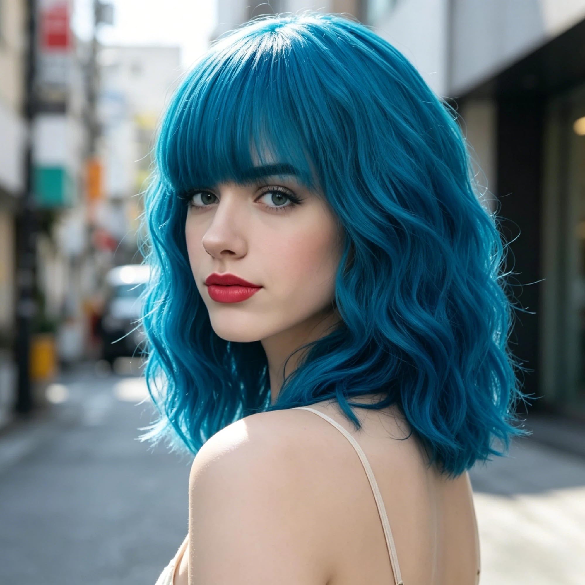 Amazon.com : Cying Lin Short Bob Wavy Curly Wig Blue Air  display picture 3