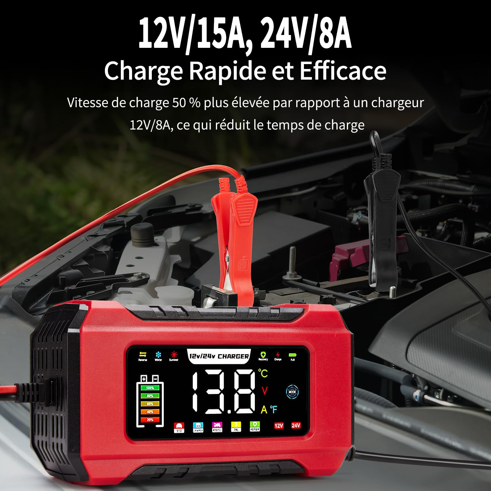 HAUSPROFI Chargeur Batterie Voiture & Moto 15A/8A 12V/24V – Mantenitore de Charge Intelligent & Réparateur Désulfatateur – Écran Tactile, Compatible AGM, Gel, LiFePO4, Start-Stop, Plomb