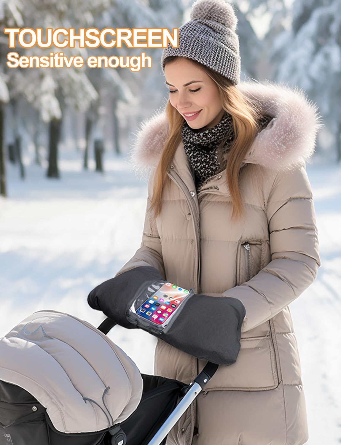 Manoplas Carro Bebe, Impermeable y Cortaviento Guantes Carro Bebe Invierno con Bolsillo para Celular, Guantes para Cochecito Bebe Forro de Felpa Para Todos los Cochecitos - Negro