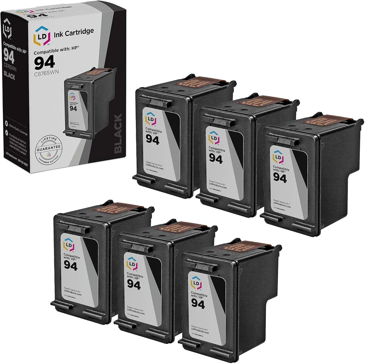 LD Products Remanufactured Ink Cartridge Replacements for HP 94 C8765WN (Black, 6-Pack) Compatible with the Following HP Printers 2608 2610v 2610xi 2710 2710xi 8150 and More