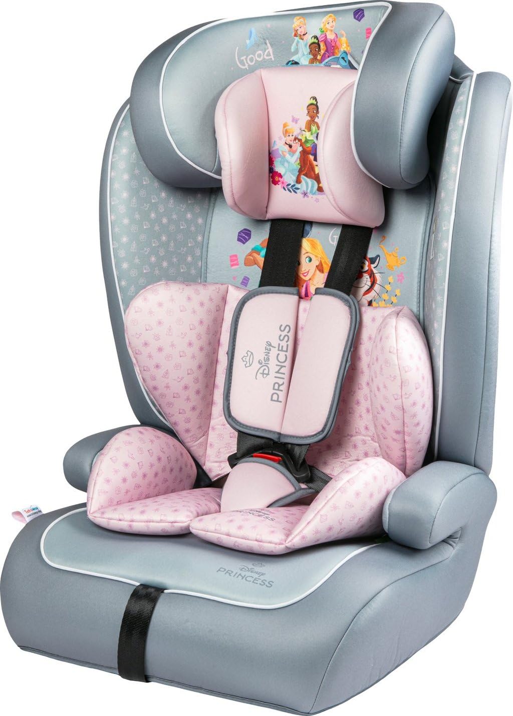 Disney Princesses I-Size R129 Autositz. Kindersitz mit einer Höhe von 76 bis 150 cm. Einstellbare Kopfstütze und Polsterung.