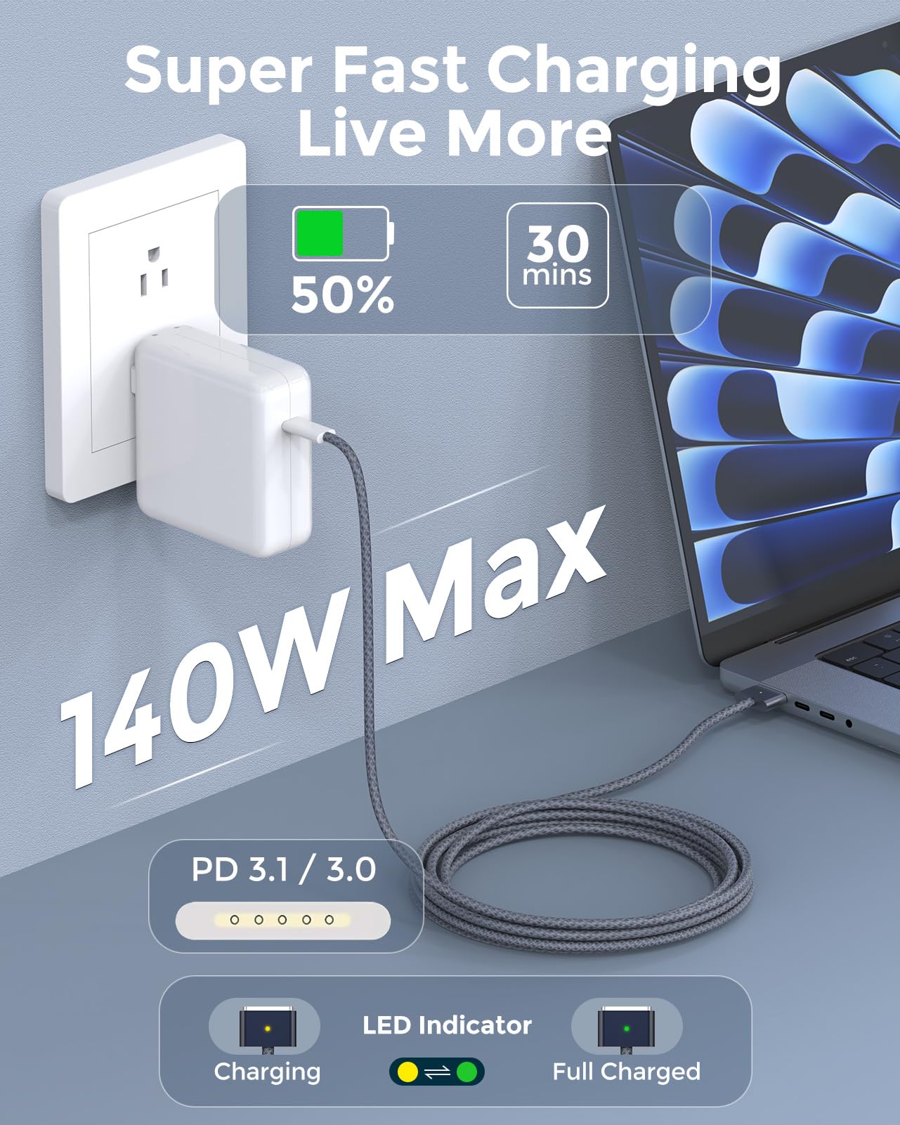 Cavo di ricarica da USB C a 3 magnetici, per MacBook Air 13,6 da 15 pollici, MacBook Pro 14 16 M5 M4 M3 M2 M1 2026 2025 2024 2023 2022 2021, cavo intrecciato e LED, potente magnetico, qualità